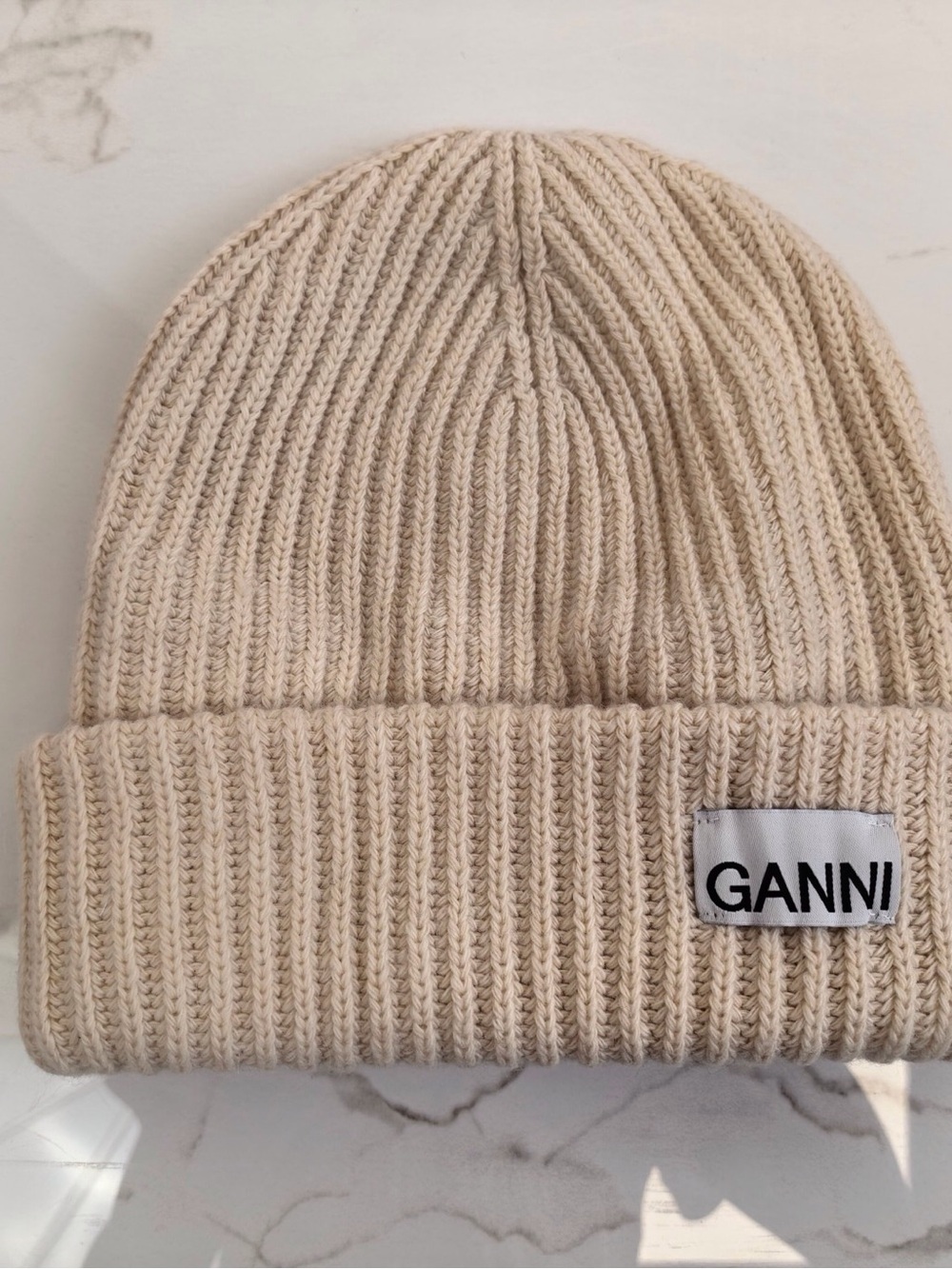 GANNI Cream Rib Knit Beanie